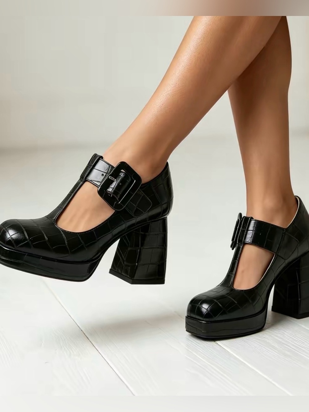 Black Croc-Embossed Platform Mary Jane Heels